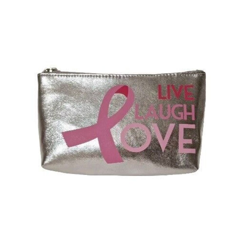 Shiny Silver Makeup Cosmetic Bag Pouch LIVE LAUGH LOVE Breast Cancer Awareness